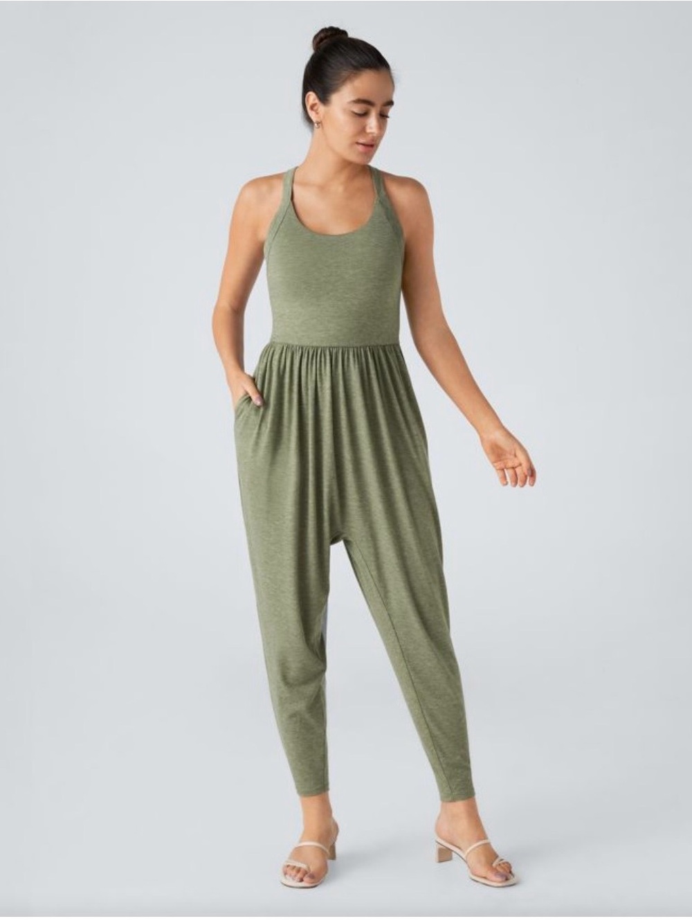 HALARA Olive Green Racerback Jumpsuit with Gathered Waist